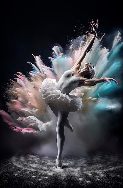 Illustration IA générative d'une jeune et belle fille dansant le ballet classique sur une scène entourée de poudres colorées