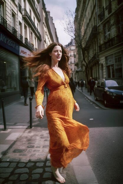 Illustration IA générative d'une jeune femme enceinte séduisante marchant dans les rues de Paris