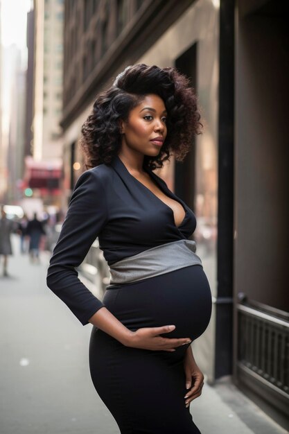 Illustration d'IA générative d'une jeune femme noire enceinte marchant dans la ville