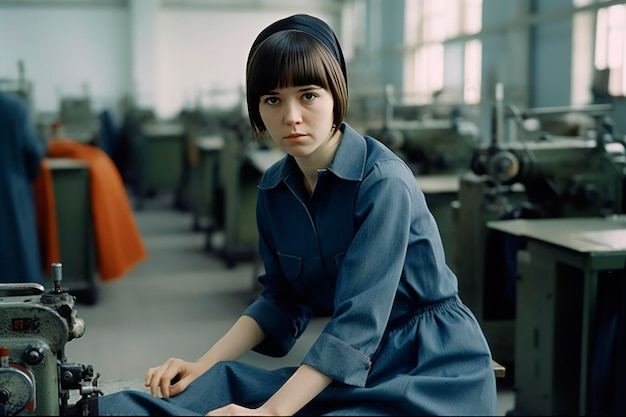 Illustration IA générative d'une jeune femme travaille avec une frange dans une usine de confection parmi des machines-outils cousant des vêtements