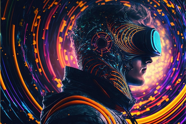 L'illustration de l'IA générative d'un jeune homme enthousiaste portant des lunettes de réalité virtuelle se trouve à l'intérieur du métaverse Concept de métaverse et éléments du monde virtuel Jeux et divertissements du numérique