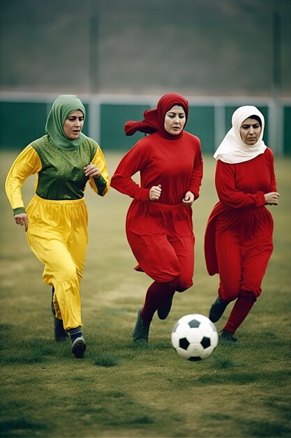 Illustration d'IA générative de jeunes filles arabes vêtues de djellaba et de hijab jouant au football