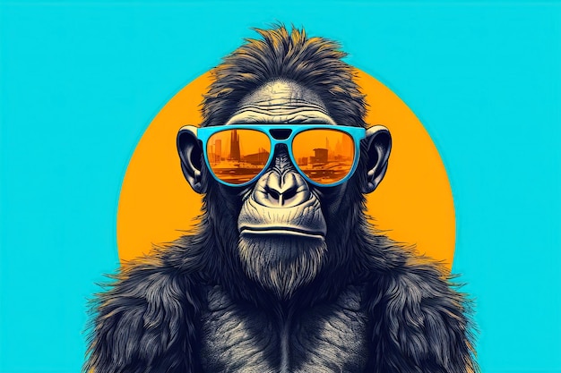 Illustration d'IA générative d'un logo de singe un chimpanzé portant des lunettes de soleil sur un fond bleu isolé