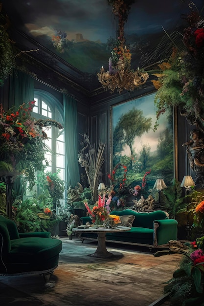 Illustration d'IA générative d'une luxueuse salle à manger de style rococo remplie de plantes vertes et d'œuvres d'art avec des meubles anciens