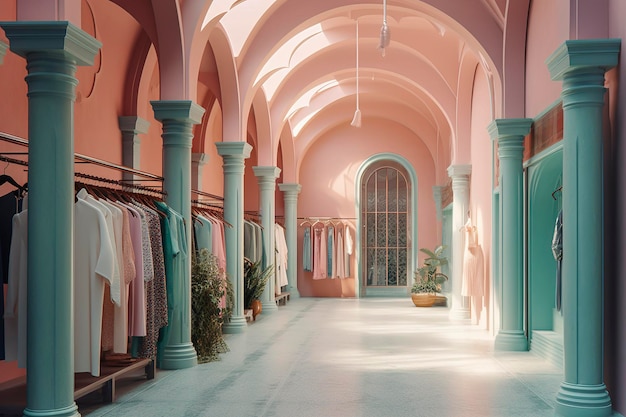 Illustration IA générative d'un magasin de vêtements de luxe à l'architecture en arche décorée de couleurs pastel