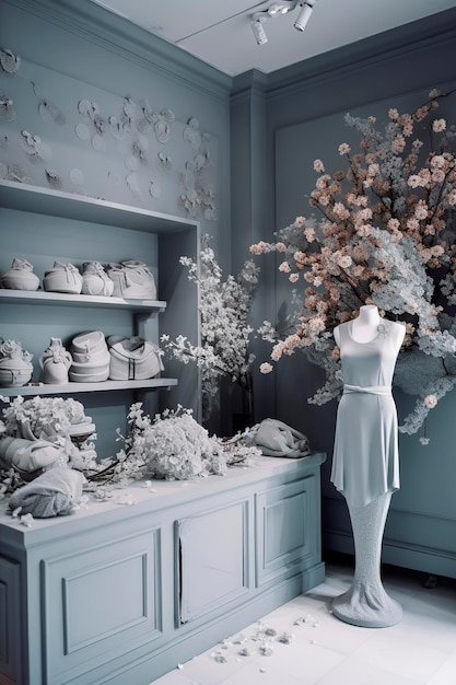 Illustration d'IA générative d'un magasin de vêtements de luxe décoré dans des couleurs pastelDesign d'intérieur