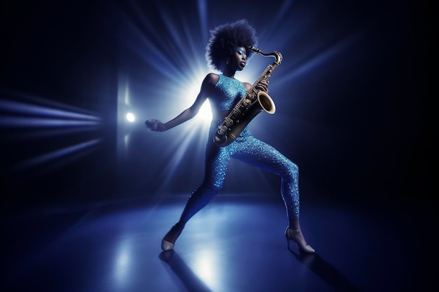 Illustration IA générative d'une magnifique femme noire aux cheveux afro bleus chantant et jouant du saxo dans un studio