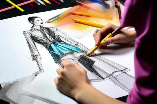 Photo illustration ia générative des mains de la femme dessinant et concevant la mode avec des crayons de couleur