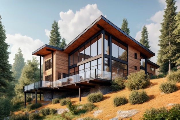 Illustration IA générative d'une maison en bois récupérée dans une montagne ou une colline avec la lumière du coucher du soleil