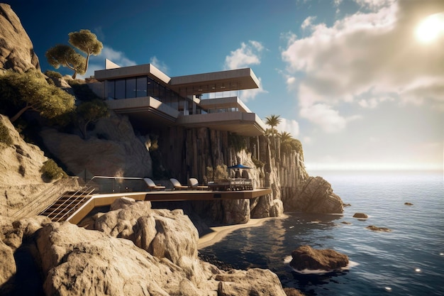 Illustration IA générative d'une maison de luxe face à la mer avec terrasses en verre et matériaux recyclés