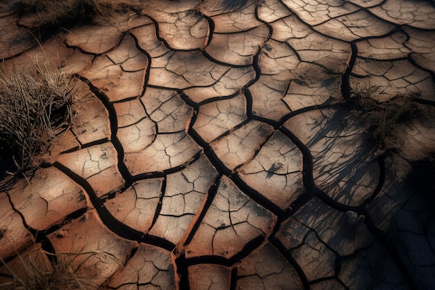 Illustration IA générative d'un marais sec avec un sol fissuré en raison de la sécheresse causée par le changement climatique
