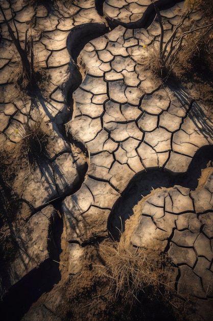 Illustration IA générative d'un marais sec avec un sol fissuré en raison de la sécheresse causée par le changement climatique