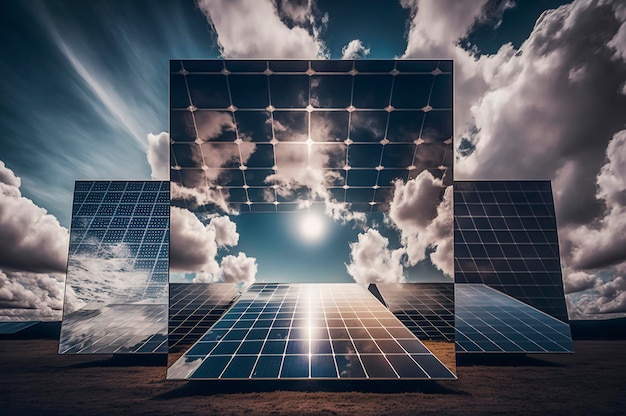 Photo illustration de l'ia générative des panneaux solaires et des générateurs d'énergie du système de panneaux solaires du ciel bleu du soleil