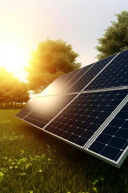 Illustration IA générative de panneaux solaires intégrés dans la nature verte, énergie propre et renouvelable, sauve la terre contre le réchauffement climatique