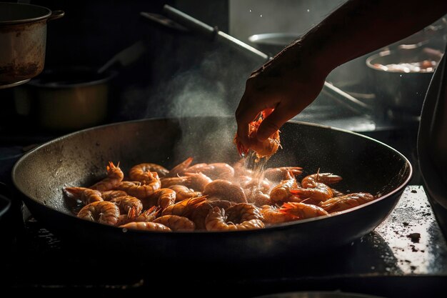 Illustration d'IA générative de photographie réaliste de mains de cuisinier faisant frire des crevettes