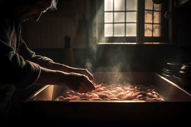 Illustration d'IA générative de photographie réaliste de mains de cuisinier faisant frire des crevettes