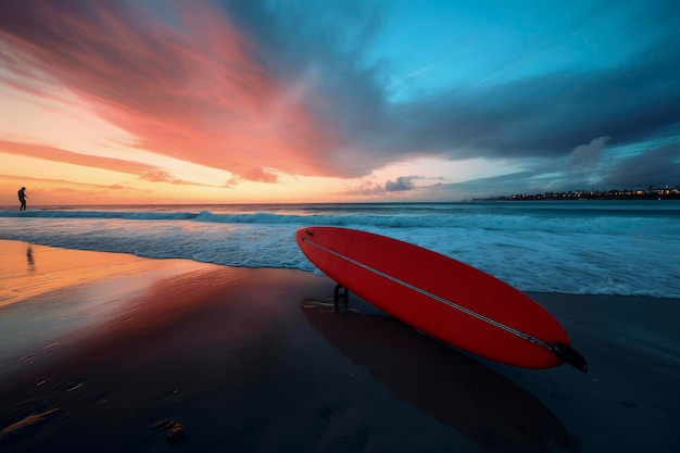 Illustration IA générative d'une planche de surf aux couleurs vives coincée dans le sable d'une plage en vacances