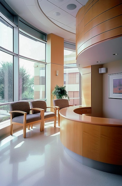 Illustration IA générative d'une salle d'attente d'une clinique médicale avec un mobilier moderne et de la lumière naturelle traversant la fenêtre
