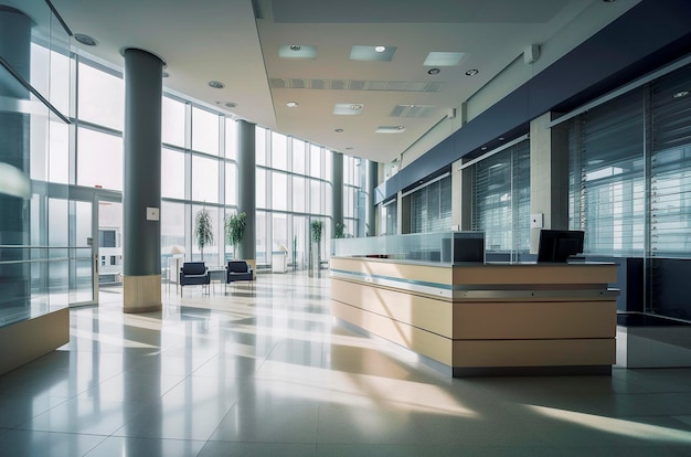 Illustration IA générative d'une salle d'attente d'une clinique médicale avec un mobilier moderne et de la lumière naturelle traversant la fenêtre