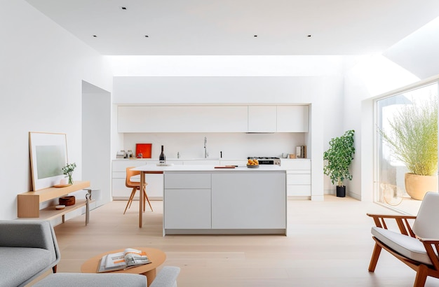 Illustration IA générative d'une salle à manger avec une cuisine ouverte et un mobilier design moderne, lumière naturelle entrant par les fenêtres