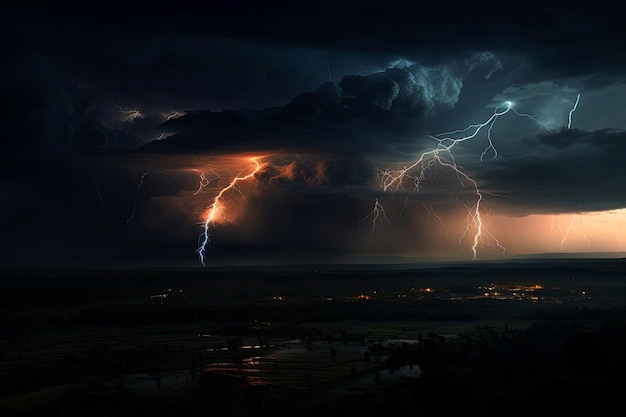 Illustration de l'IA générative La scène de la foudre et du tonnerre dans le ciel nocturne du paysage urbain