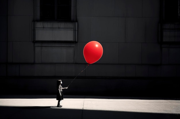 Illustration IA générative d'une silhouette d'une fille tenant un ballon rouge