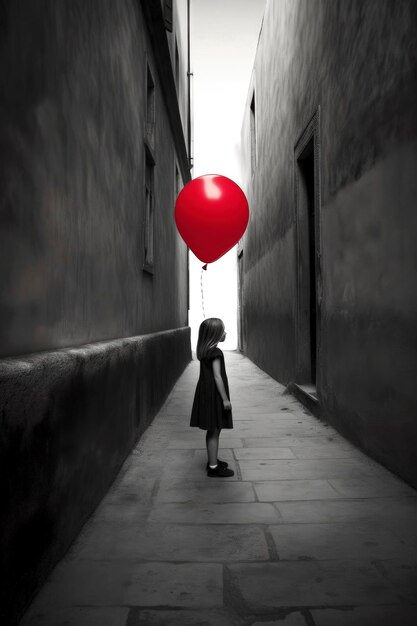 Illustration IA générative d'une silhouette d'une fille tenant un ballon rouge