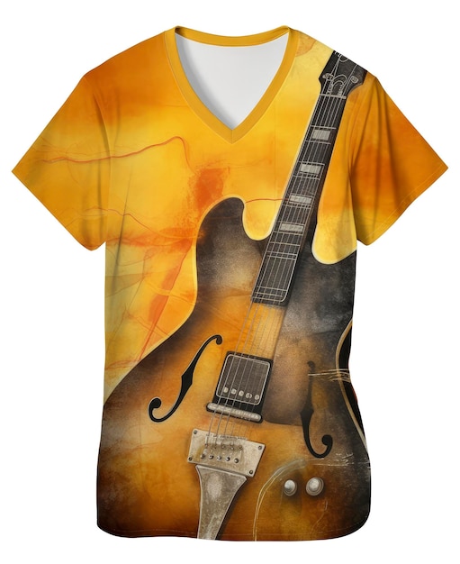 Illustration IA générative d'un T-shirt avec un fond doré vu d'en haut avec une image imprimée sur le devant d'une guitare