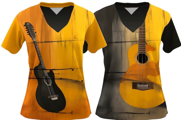 Illustration IA générative d'un T-shirt avec un fond doré vu d'en haut avec une image imprimée sur le devant d'une guitare