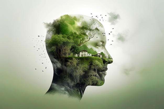 Illustration d'IA générative d'une tête humaine pleine de plantes et d'arbres pour sauver les pensées de l'environnement de la planète