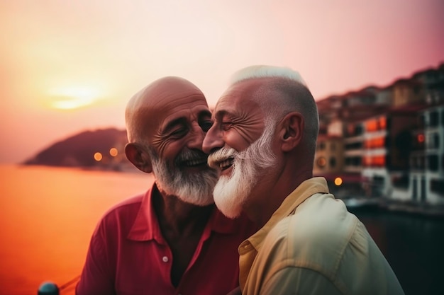 Illustration IA générative d'un vieux couple gay heureux amoureux en vacances à la lumière d'un coucher de soleil