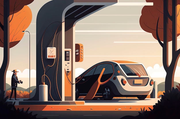 Illustration IA générative d'une voiture électrique chargeant la batterie en respectant l'environnement