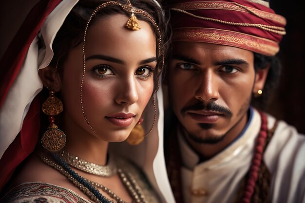 Illustration de l'IA générativeJeunes couples marocains en costume traditionnel