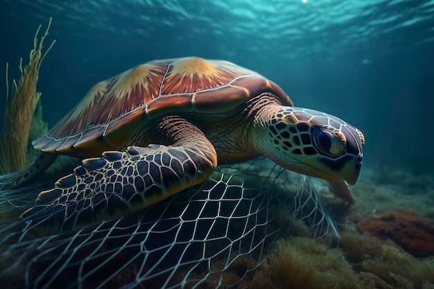 Illustration IA d'une tortue capturée avec un filet de pêche Le concept de protection de l'environnement Les tortues marines doivent être libérées des filets de pêche Non aux tortues mortes AI générative
