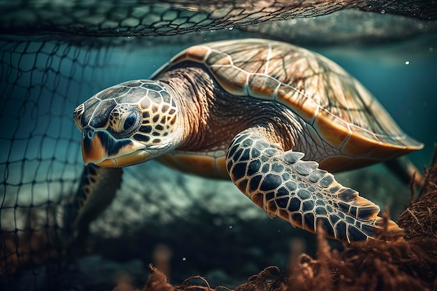 Illustration IA d'une tortue capturée avec un filet de pêche Le concept de protection de l'environnement Les tortues marines doivent être libérées des filets de pêche Non aux tortues mortes AI générative