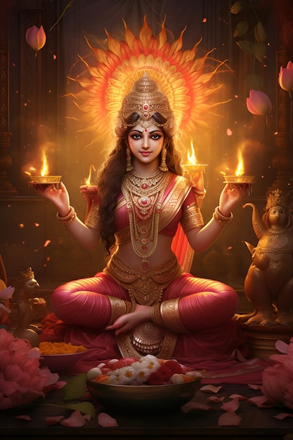 Photo illustration de l'idole divine de la déesse lakshmi évoquant un sentiment de paix et de prospérité pendant le festival de diwali