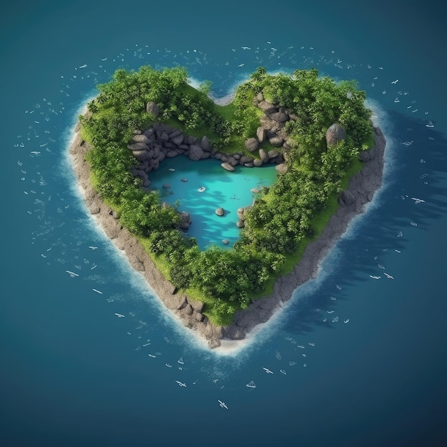 Photo illustration de l'île en forme de coeur tropical ai générative