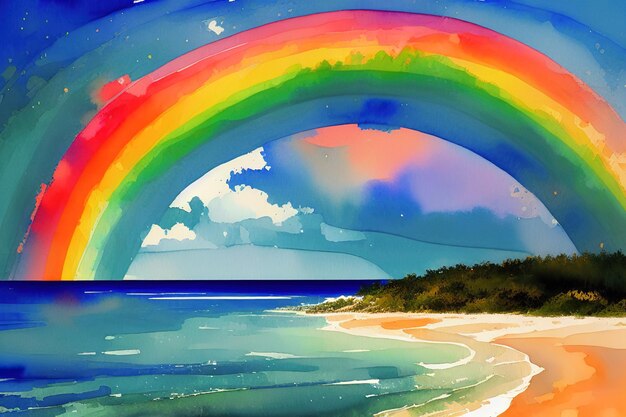 Photo illustration d'une île tropicale avec un arc-en-ciel et des palmiers ia générative