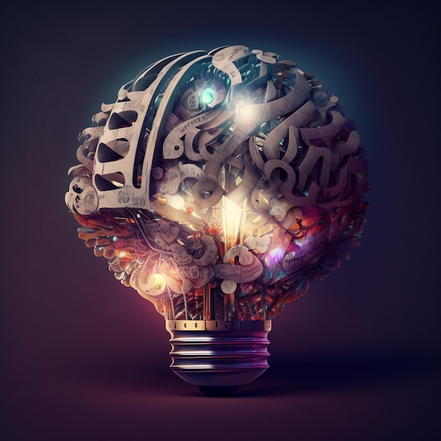 Illustration illustrant le concept de connaissance avec une ampoule en forme de cerveau entourée de rouages représentant l'éducation et l'apprentissage générative ai