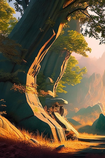 Illustration d'image avec des montagnes d'arbres et des détails de fable AI générative