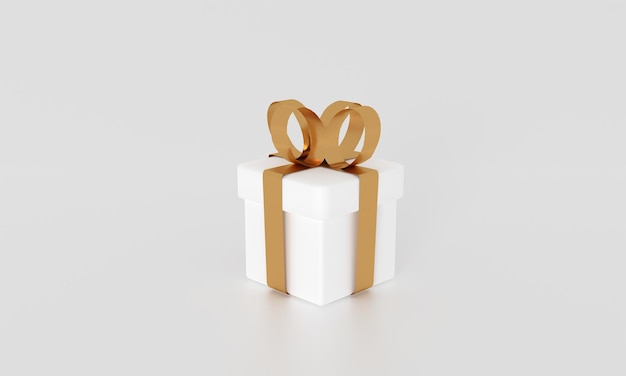 Photo illustration de l'image de rendu 3d de la boîte-cadeau blanche ruban doré pour la célébration du jour spécial carte de surprise de décoration de joyeuses fêtes concept donner emballage idée d'amour mariage luxe moderne sur blanc