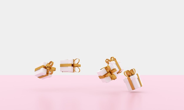 Illustration de l'image de rendu 3D de la boîte-cadeau blanche ruban doré pour la célébration de la journée spéciale Joyeuses fêtes décoration carte surprise Concept donner emballage Idée d'amour Mariage luxe moderne pastel rose