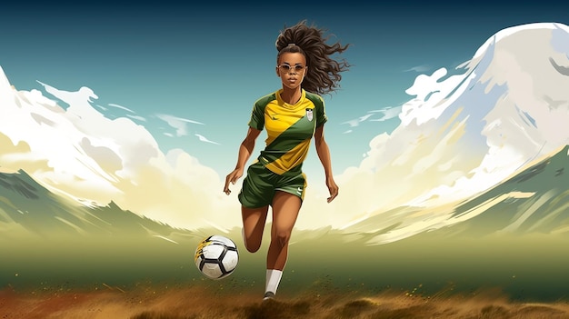 Une illustration individuelle de joueuse de football féminine dans un fond coloré avec le maillot du Brésil