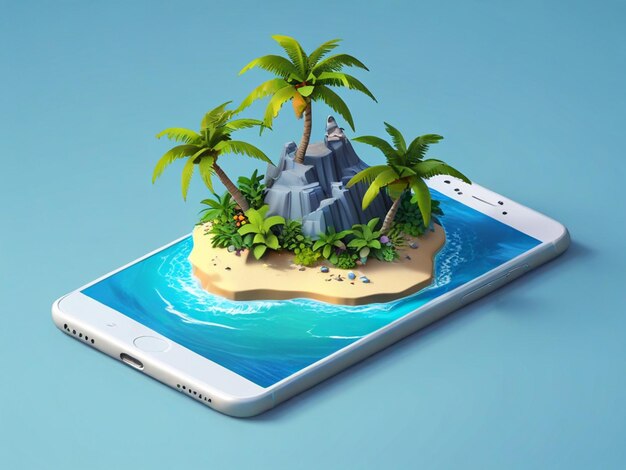 Photo illustration inhabituelle en 3d d'une île tropicale avec des palmiers bleu océan et sur un smartphone isolé