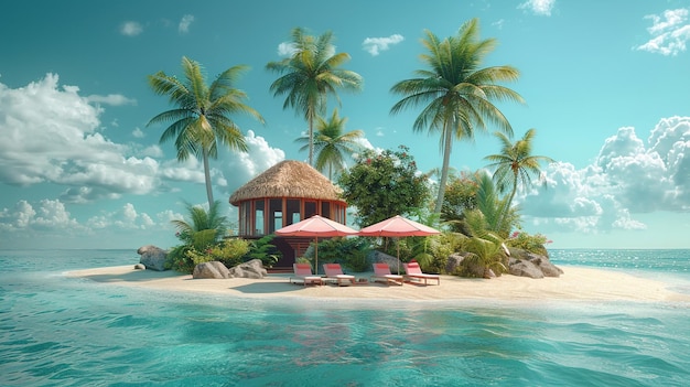 Illustration inhabituelle en 3D d'une île tropicale avec des palmiers, un fauteuil et un parapluie sur un smartphone