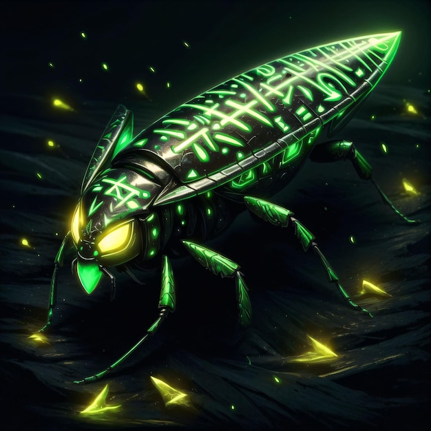 illustration d'un insecte avec des runes vertes brillantes