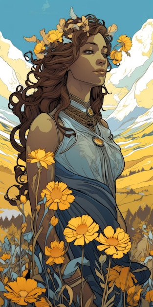 Illustration d'inspiration Art Nouveau Femme Aux Tournesols Et Montagne