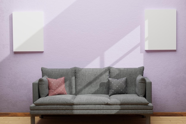 Photo illustration de l'intérieur du salon exposé à la lumière du soleil avec un canapé confortable et une maquette de toile