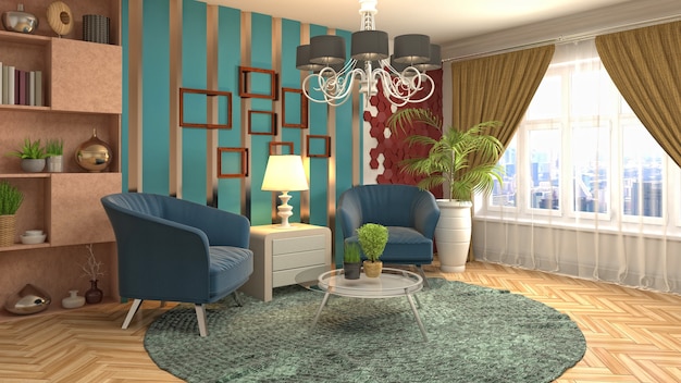 Illustration de l'intérieur du salon. Rendu 3D