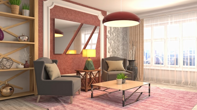 Illustration de l'intérieur du salon. Rendu 3D